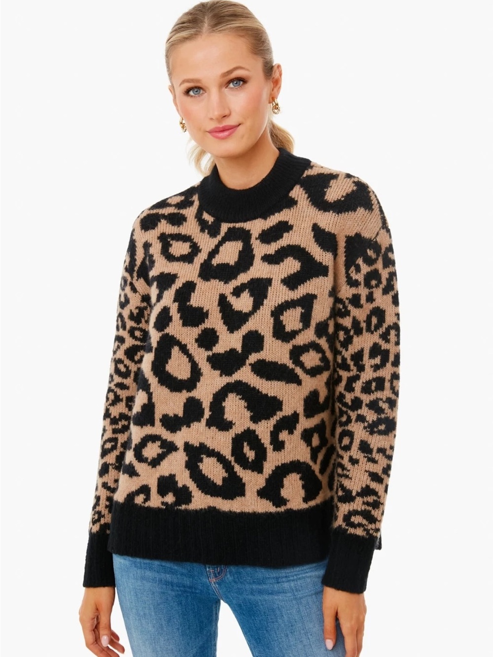 NWT Tuckernuck Leopard Siri Sweater Mock Neck Pullover Black Tan XS Wool Blend